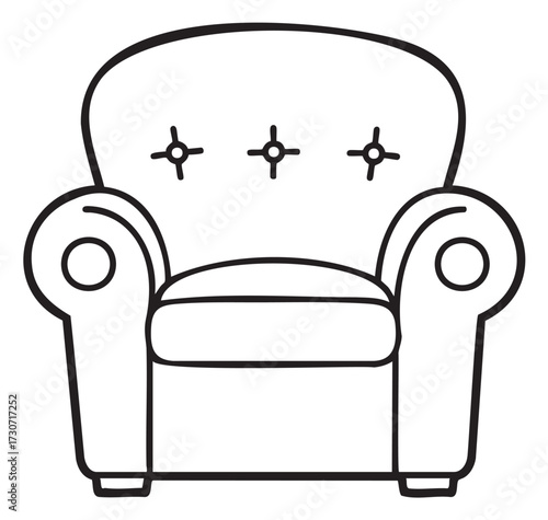 Black and white armchair illustration with button details and cushioned arms - stock vector