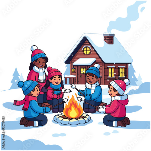 Diverse children in winter clothes roasting marshmallows around a campfire in the snow with a cozy cabin in the background.