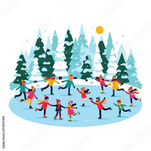 A group of people ice skating on a frozen pond surrounded by snow-covered trees and a bright sun.