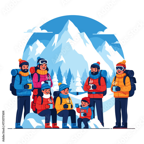 A group of hikers in winter clothing with backpacks and mugs, standing in front of a snowy mountain landscape.