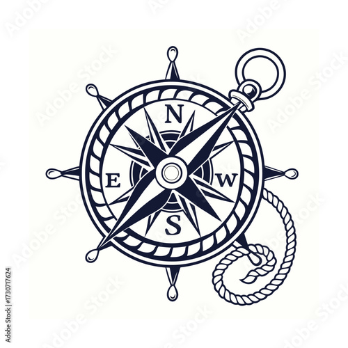 Vintage nautical compass rose with rope detail for navigation and travel isolated on transparent background