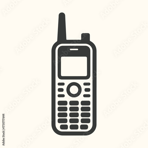 Vector art of a black and white illustration of an oldfashioned mobile phone with an antenna and a full keypad, set against a light beige background, representing vintage communication technology