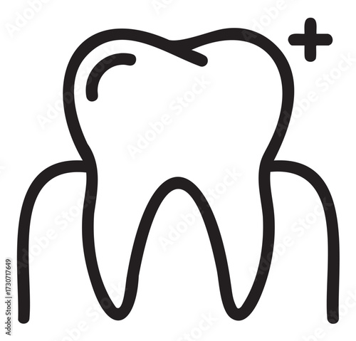 Dental health icon: tooth with plus sign illustrating oral care - stock vector