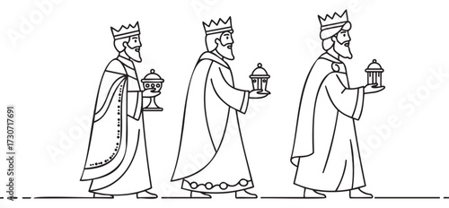 Three wise men bearing gifts in line art style - stock vector