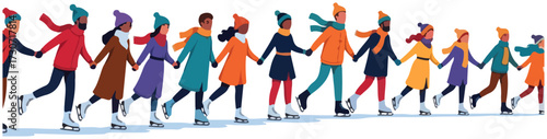 A line of diverse people holding hands and ice skating together in winter.