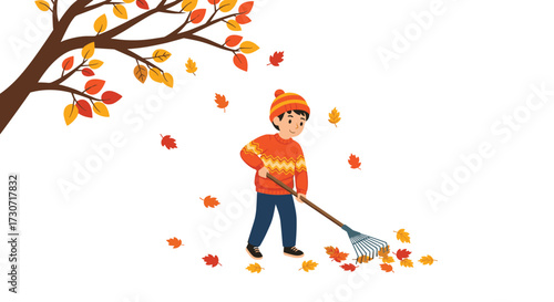 Joyful boy raking colorful autumn leaves under a vibrant fall tree, celebrating the season's beauty and outdoor fun