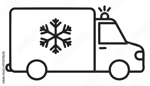 Minimalist black and white outline of refrigerated truck with snowflake symbol - stock vector