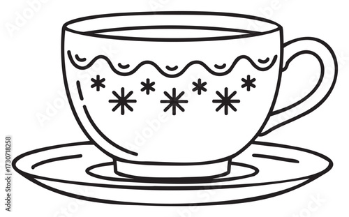 Decorative teacup and saucer with floral design in black and white outline - stock vector