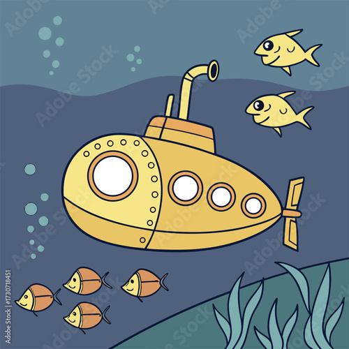Yellow submarine underwater scene with fish and marine life isolated on transparent background