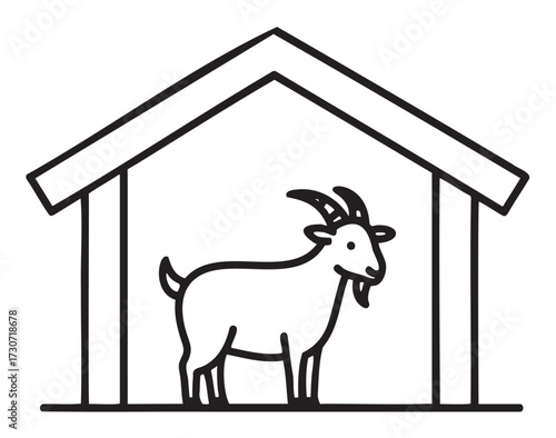 Simple black and white illustration of goat in barn outline - stock vector