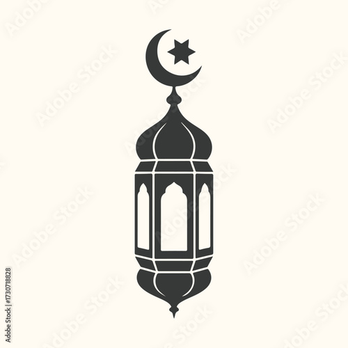 Vector art of islamic lantern with crescent moon and star symbol, representing ramadan and eid celebrations, isolated on a light cream background, traditional arabic decorative element