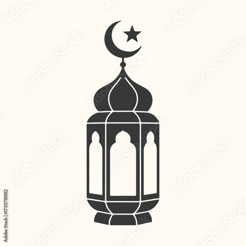 Vector art of islamic lantern with crescent moon and star on top, traditional ramadan decoration