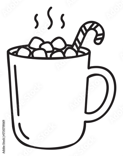 Hot chocolate mug with marshmallows and candy cane: cozy winter drink - stock vector