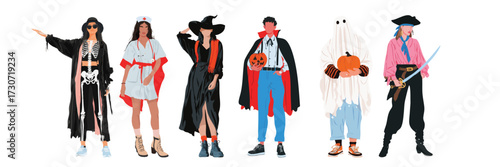 Group illustration of people in halloween fancy dress costumes for party celebration and trick or treat fun