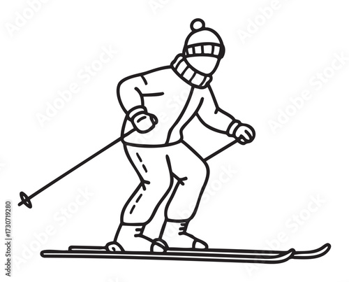 Outline drawing of a skier wearing winter gear and skiing downhill - stock vector
