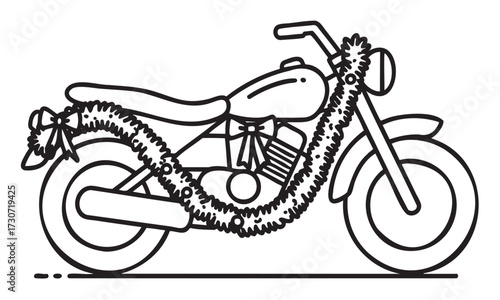 Decorated motorcycle with flower garlands and bows in black and white illustration - stock vector
