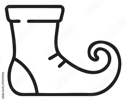 Black and white outline of a festive elf shoe with curled toe - stock vector