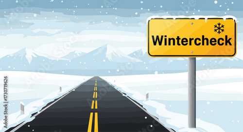 Prepare for Winter Adventures with a Wintercheck for your Car, a snowy road with mountains and a sign beckons adventure and safety this season