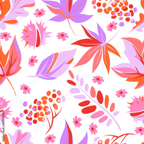  Fall pattern with colorful leaves, berries and flowers on white background. Maple leaves, acacia, oak, rowan berries in pink and purple colors. Vector autumn illustration.