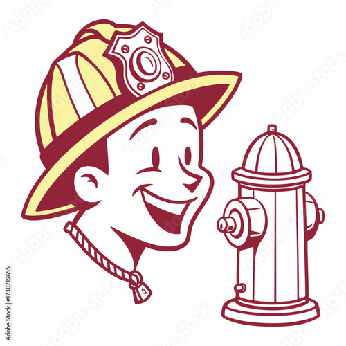 Happy firefighter character smiling next to classic red fire hydrant artwork isolated on transparent background