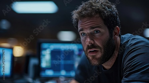 A man with a shocked expression sits at a desk with computer screens.