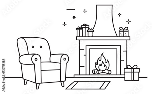 Cozy living room with fireplace and gifts in black and white line art - stock vector