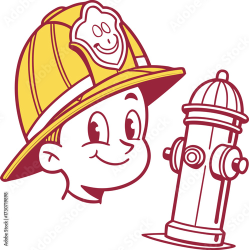 Cartoon firefighter character helmet and fire hydrant simple graphic design isolated on transparent background