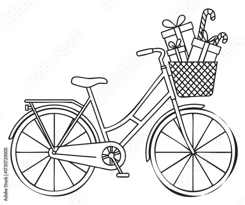 Bicycle with holiday gifts in basket - black and white line art for coloring - stock vector