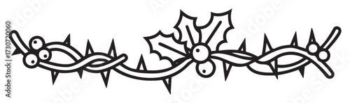 Holly and berry decorated barbed wire line art - stock vector