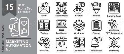 Marketing Automation icons set. Contains chatbots, analytics dashboards, and lead generation tools . Editable outline vector illustration.