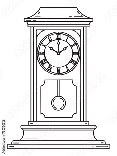 Black and white illustration of a vintage mantel clock with roman numerals - stock vector