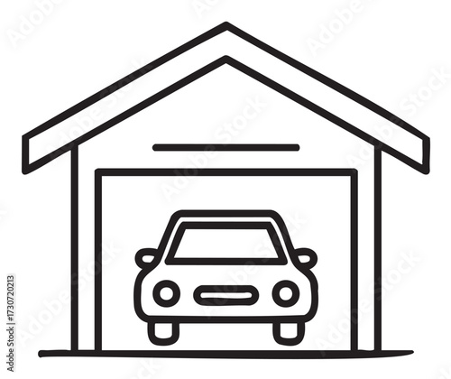 Simple black and white line drawing of a car inside a garage structure - stock vector