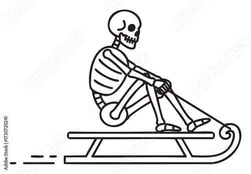 Skeleton riding a sled in black and white line art illustration - stock vector
