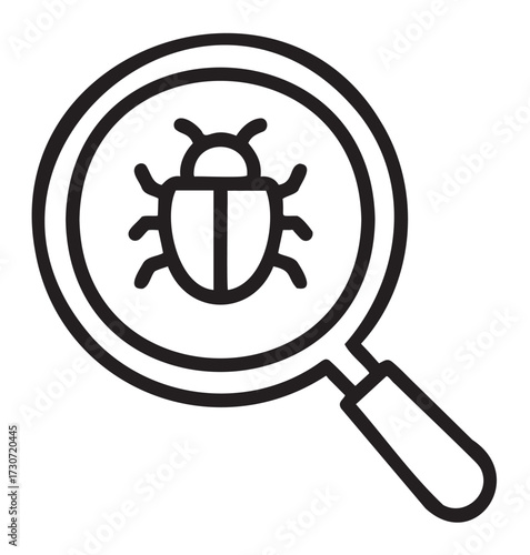 Magnifying glass with bug icon representing software debugging concept - stock vector