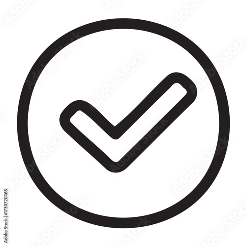 Simple black check mark icon in circular frame on white background - stock vector