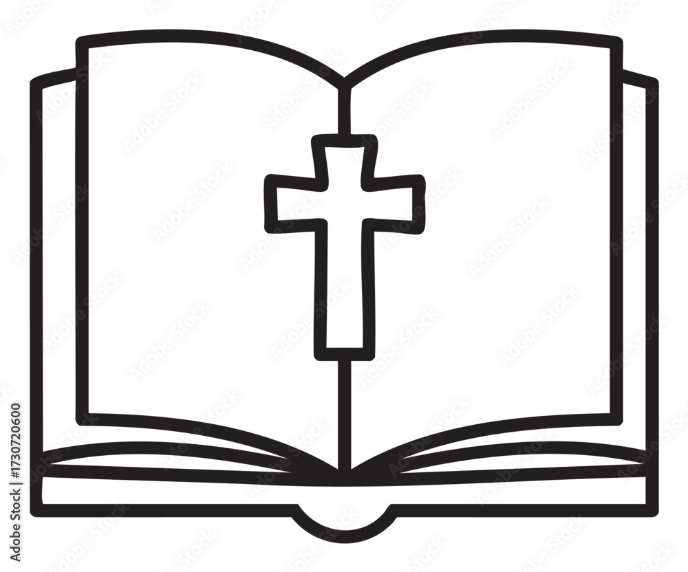 Obraz premium Open bible with cross symbol line art illustration - stock vector