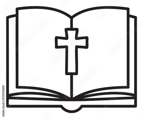 Open bible with cross symbol line art illustration - stock vector