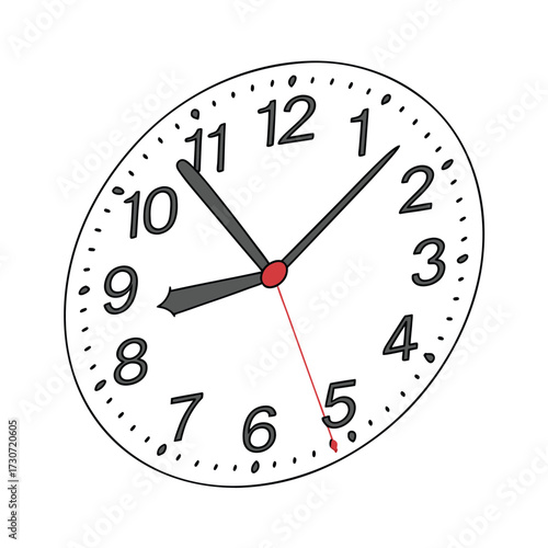 Modern analog clock face with red second hand showing time isolated on transparent background