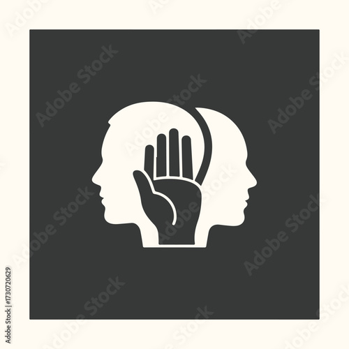 Vector art of symbolic representation of mental health, inner conflict, and psychological struggle, with a hand stopping thoughts or emotions within two profile heads facing opposite directions