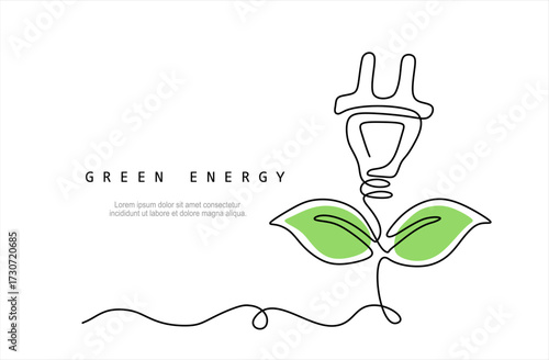 Tree branch turning into power plug. Symbol of green energy, sustainability and eco-friendly technology, vector illustration in continuous line style. Hand drawn. Editable stroke