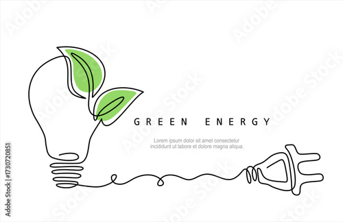 Plant with a plug in continuous one line art style. Green energy concept. Simple vector, Continuous line art green energy plug concept, Clean Energy. Hand drawn.  Editable Icon, Eco-Friendly.