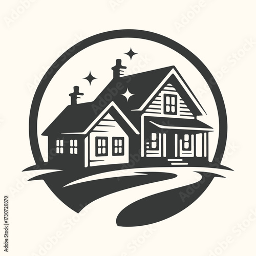 Vector art of stylized black and white illustration of a charming house with a winding path leading to it, set within a circular frame, evoking a sense of home and welcome