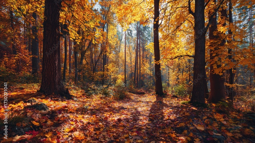 Obraz premium Autumn forest with colorful fall leaves and amber sunlight