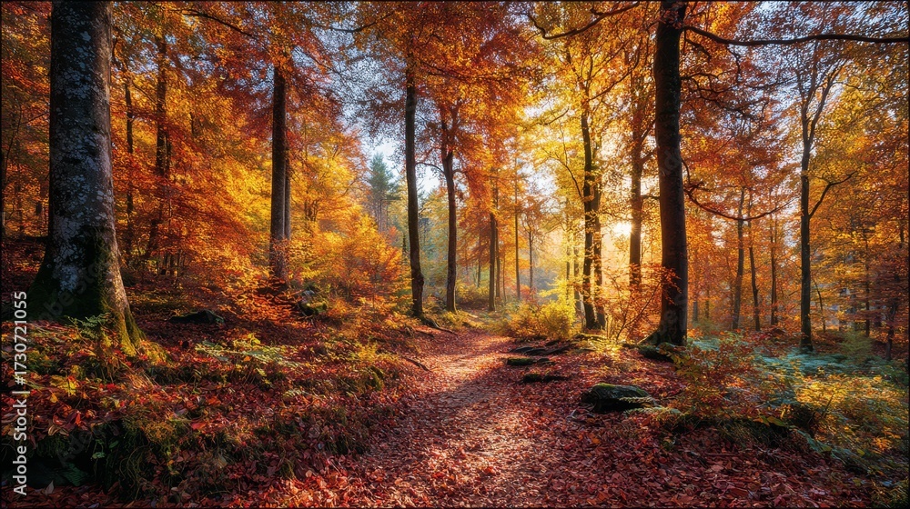 Fototapeta premium Autumn forest with colorful fall leaves and amber sunlight