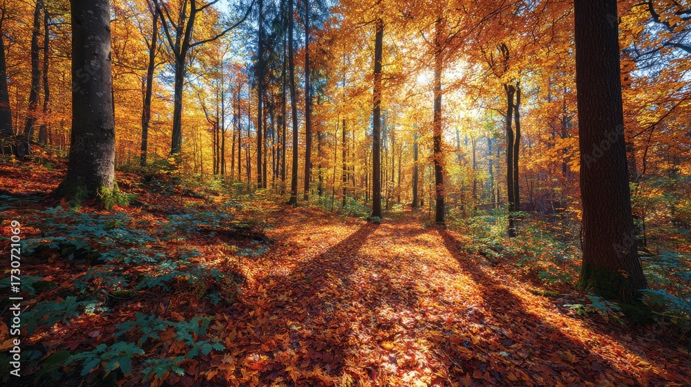 Obraz premium Autumn forest with colorful fall leaves and amber sunlight