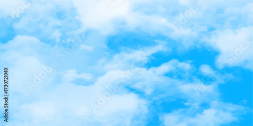 Fluffy white clouds drift across a vast, bright blue sky, creating a beautiful summer cloudscape