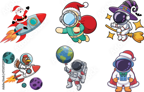 Whimsical Space Adventure Bundle Design Featuring Festive Astronauts and Cosmic Characters Exploring the Galaxy in Rockets and on Broomsticks