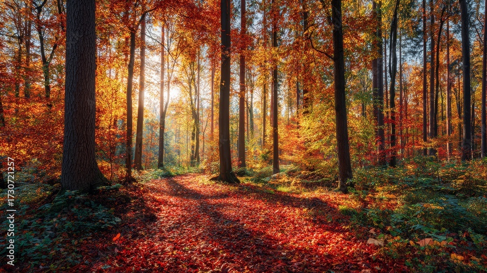 Fototapeta premium Autumn forest with colorful fall leaves and amber sunlight