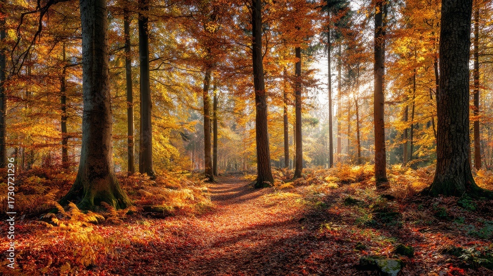 Obraz premium Autumn forest with colorful fall leaves and amber sunlight