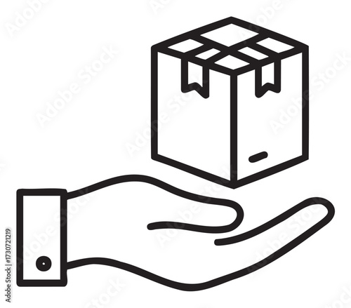 Hand offering box icon: simplistic line drawing of open palm presenting a box - stock vector